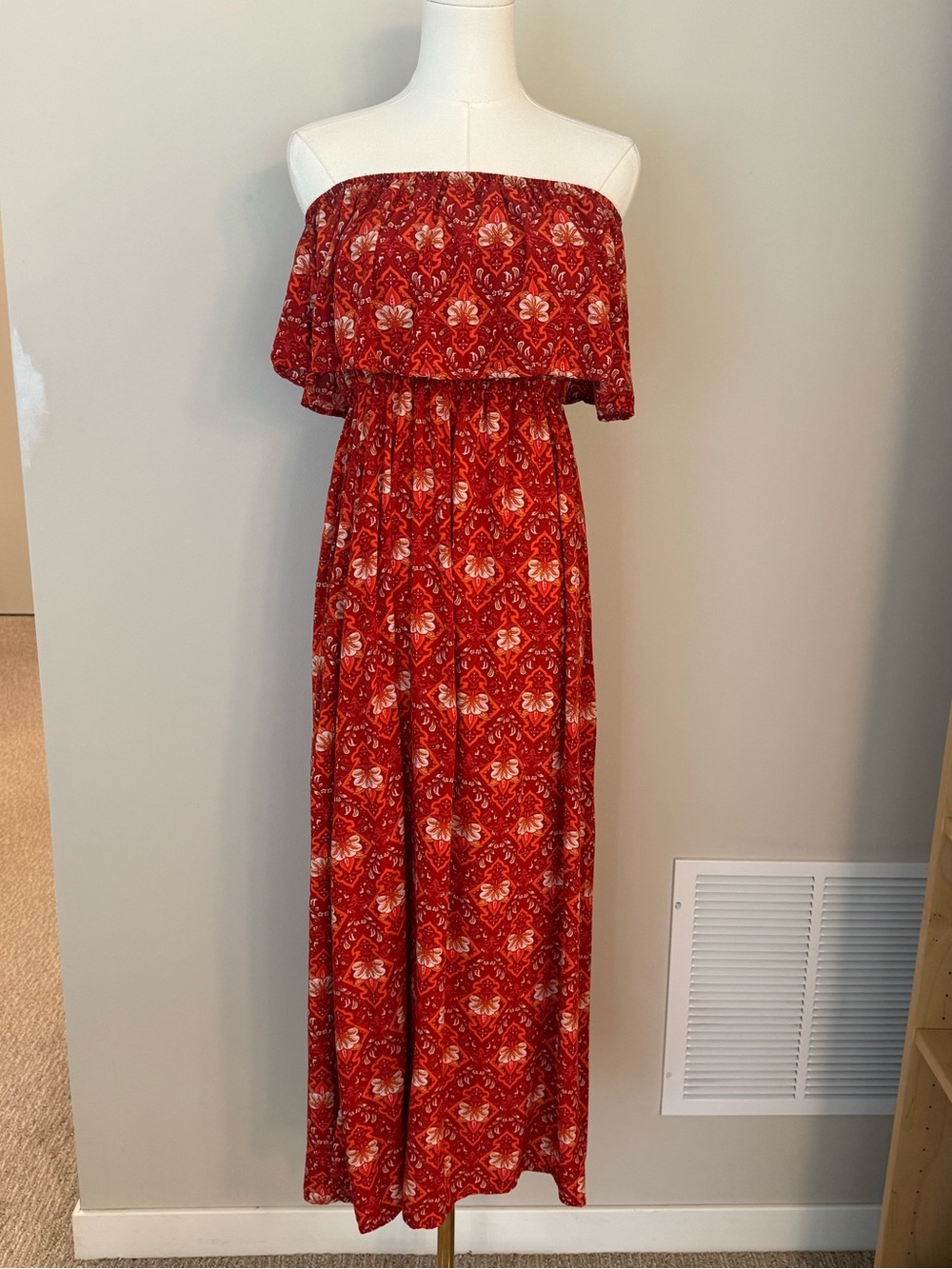 Yidarton Red Boho Off Shoulder Maxi Dress Floral Print Cotton Blend Size L